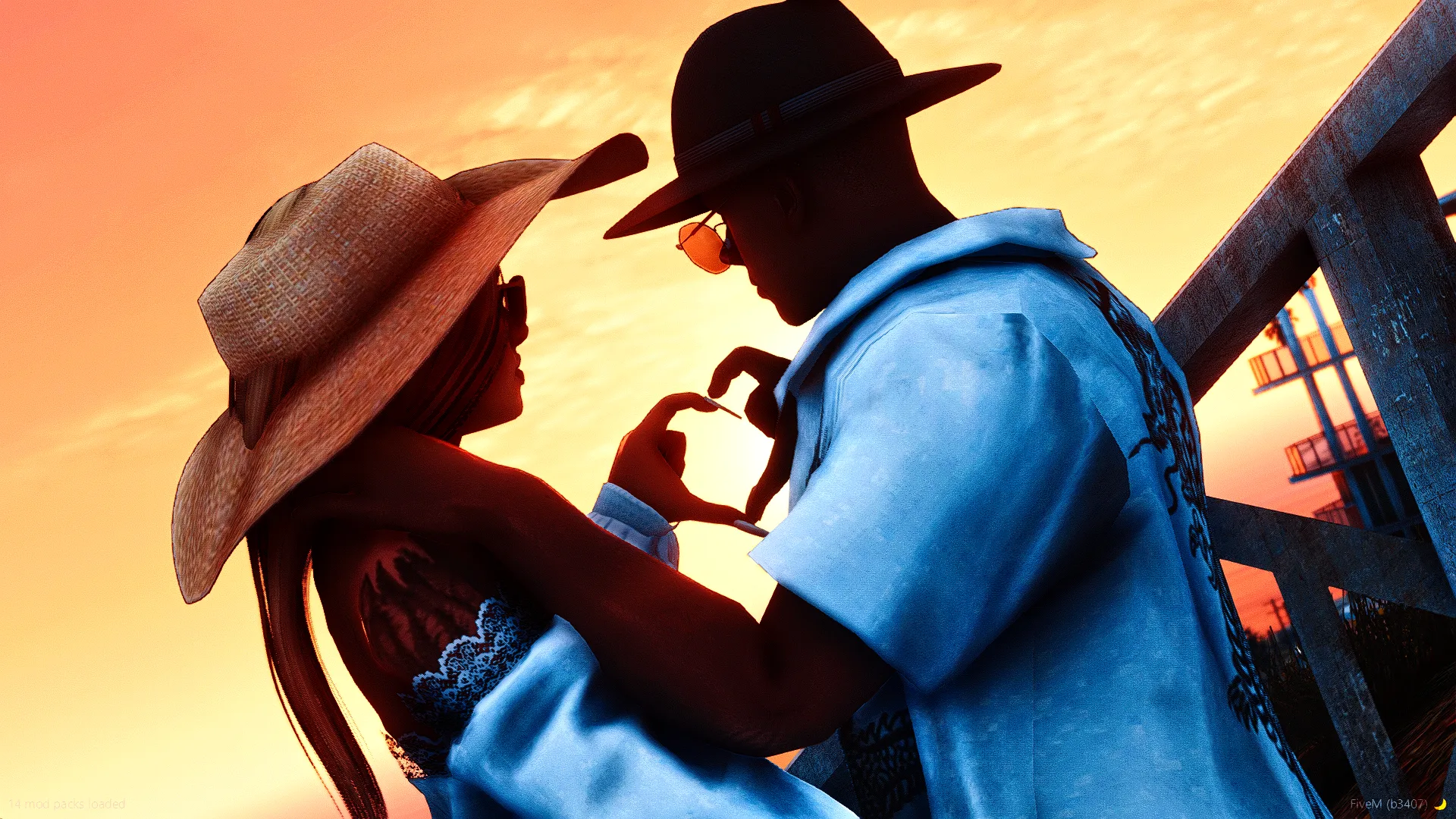 Un couple de personnages danse devant un coucher de soleil